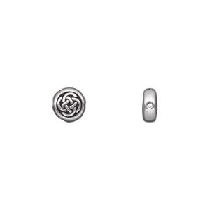 Bead 1pkg4 silver-plated pewter, 7mm flat round Celtic knot / 2sided, antique TierraCast&reg;