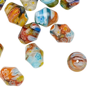 Bead 1pkg1 millefiori glass, opaque and translucent mixed colors, 11x9mm-12x10mm double cone, 2 ounce.