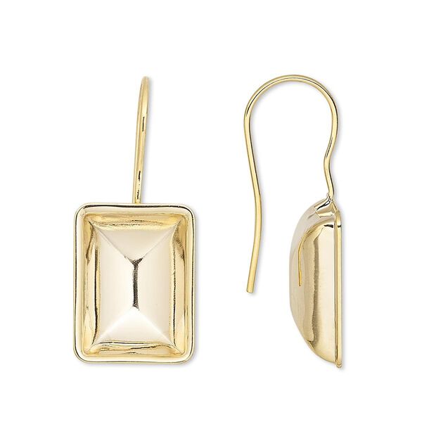 Ear wire fishhook 1pkg4 Almost Instant Jewelry&reg; gold-plated, 30x13mm / 14x10mm rectangle glue-in setting, 20 gauge brass 2 pair image number 0