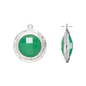 Drop, chalcedony (dyed) and sterling silver, sea green, 17mm double-sided faceted round with hammered edge. Sold individually.