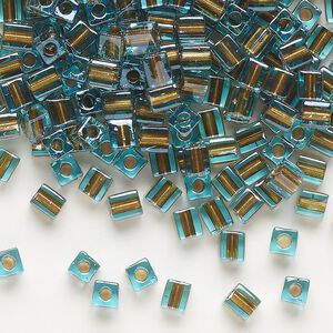Seed bead, Miyuki, glass, pkg/250g, 3.5-3.7mm square, transparent aqua inside dyed color metallic bronze (SB-2642).