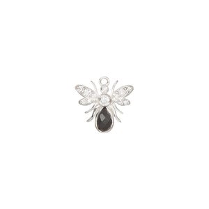 Charm 1pkg1, sterling silver / black onyx / cubic zirconia, clear and black, 12x11mm single-sided bee with faceted stones.