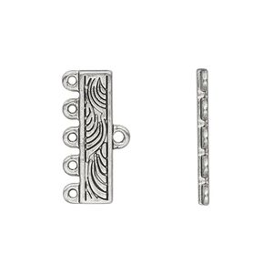 End bar 1pkg10 "pewter", 21x5mm fancy rectangle / swirl / 5 loops, silver-finished / antiqued