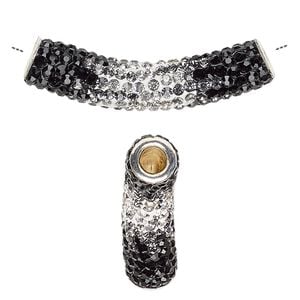 Bead 1pkg1 silver-plated, 47x9mm curved tube, brass / resin / glass rhinestone / multicolored Dione&reg;