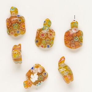 Bead, millefiori glass, translucent orange and multicolored, 21x13mm-24x15mm half-drilled turtle. Sold per pkg of 6.