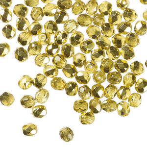 Bead, Czech fire-polished glass 1pkg1200, metallic yellow gold, 4mm faceted round. 1 mass.