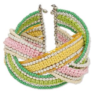 Bracelet, cuff, polyester / glass / steel / silver-coated plastic, iridescent multicolored, 42mm wide with braided design, adjustable from 6-7 inches. Sold individually.