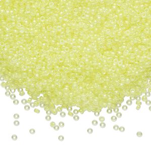 Seed bead, Miyuki, glass, pkg/250g, #15 rocaille, translucent luminous inside dyed color yellow, (RR-1119).