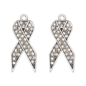 Charm, antique silver-finished "pewter" (zinc-based alloy) and glass, clear, 27x13mm single-sided awareness ribbon. Sold per pkg of 2.