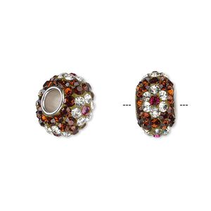 Bead 1pkg1 imitation rhodium-plated, 13x8mm-14x8mm rondelle / clear & pink flower, brass / glass rhinestone / epoxy / root beer Dione&reg;