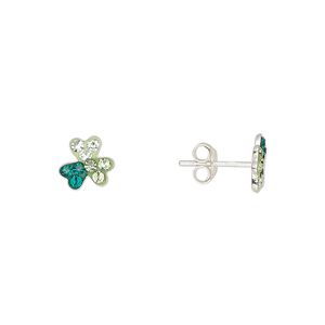 Earstud sterling silver / Preciosa crystal 1pkg2, 7.5mm 3-leaf shamrock / earnuts included, Create Compliments&reg; multi-green 1 pair