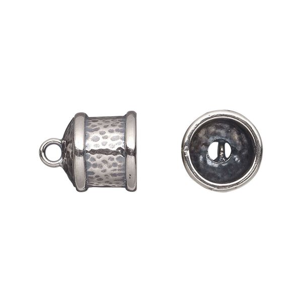 Cord end glue-in 1pkg2 sterling silver, 11.5x11mm hammered round tube / loop / 9mm inside diameter, antiqued / JBB Findings image number 0