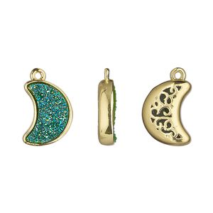 Drop, Druzylite&trade;, "druzy" (resin) and gold-finished brass, green, 14x10mm two-sided moon with open filigree back. Sold per pkg of 4.