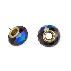 Bead 1pkg1 gold-finished, 13x9mm-14x10mm faceted rondelle, brass / glass / black AB Dione&reg;