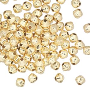 Bead 1pkg100 gold-plated, 5mm corrugated double cone, brass