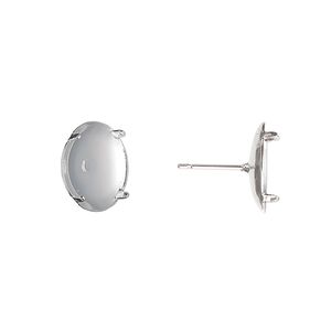 Earstud 1pkg100 silver-plated, 13mm round flat pad / 12mm 4-prong round setting, steel / stainless steel 50 pair