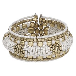 Bracelet, cuff, glass / steel memory wire / gold-finished steel, white, 34mm wide, adjustable from 7 to 8-1/2 inches. Sold individually.