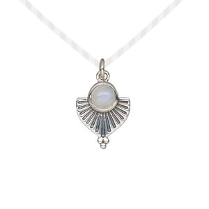 Drop 1pkg1, antiqued sterling silver and rainbow moonstone (natural), 14x11.5mm fan
