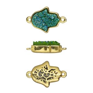 Link, Druzylite&trade;, "druzy" (resin) and gold-finished brass, green, 14x12.5mm two-sided Hamsa hand with open filigree back. Sold per pkg of 4.