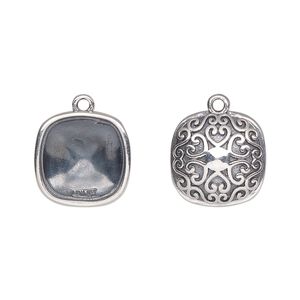 Drop, Almost Instant Jewelry&reg;, antiqued sterling silver, 14mm rounded square with 12mm cushion setting and heart and swirl back design. Sold individually.