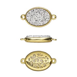 Link, Druzylite&trade;, "druzy" (resin) and gold-finished brass, silver, 15.5x11.5mm two-sided oval with open filigree back. Sold per pkg of 4.