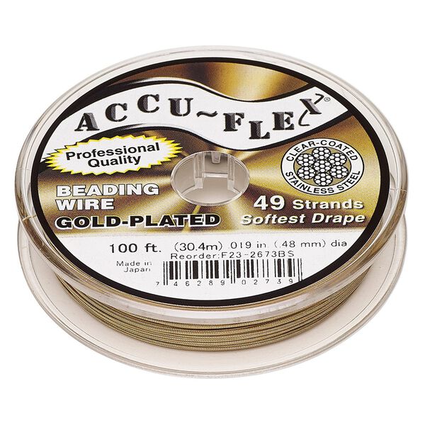 Beading wire, Accu-Flex&reg;, nylon and 24Kt gold-plated stainless steel, clear, 49 strand, 0.019-inch diameter. Sold per 100-foot spool. image number 0