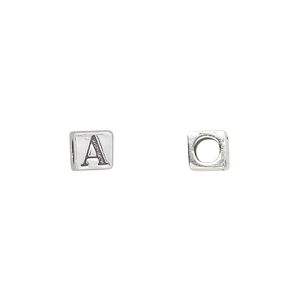 Bead 1pkg1 sterling silver, 5.5mm cube / letter A, antiqued Dione&reg;