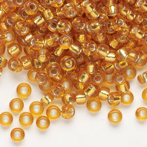 Seed bead, Miyuki, glass, pkg/250g, #6 rocaille, transparent silver-lined dark gold (RR-4).