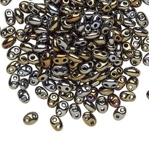 Seed bead, Preciosa Twin&trade; Czech glass, pkg/250g, 5x2.5mm oval, opaque gold iris black, (59115).