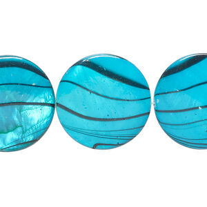 Mother-of-pearl shell 1pkg1, puffed flat round bead 15 inch dark blue / black stripe 19-20mm