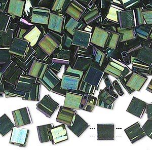 Bead, Miyuki, TILA&reg;, glass, opaque metallic malachite green, (TL468), 5mm square with (2) 0.8mm holes, fits up to 3mm beads. Sold per 250-gram pkg.