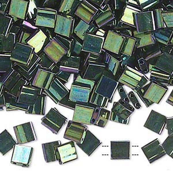 Bead, Miyuki, TILA&reg;, glass, opaque metallic malachite green, (TL468), 5mm square with (2) 0.8mm holes, fits up to 3mm beads. Sold per 250-gram pkg. image number 0