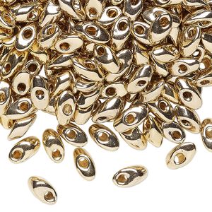 Seed bead, Miyuki, glass, pkg/4g, 7x4mm long magatama, opaque 24Kt gold-plated, (LMA-193).