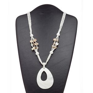 Necklace, mother-of-pearl shell (natural / bleached) / acrylic / glass / silver-finished steel / "pewter" (zinc-based alloy) 1pkg1, white, 75x55mm teardrop go-go, 22 inches with lobster claw clasp and 2-inch extender chain.