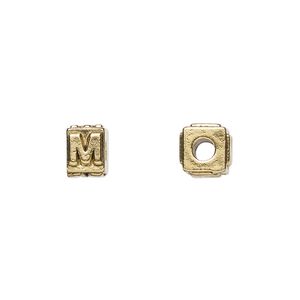 Bead 1pkg4 gold-plated pewter, 8x6mm rectangle / letter M, antique Dione&reg;