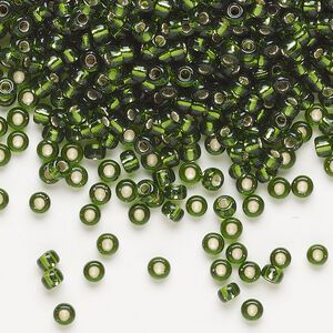 Seed bead, Miyuki, glass, pkg/50g, #8 rocaille, transparent silver-lined olive green (RR-26).