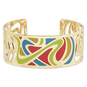 Bracelet, Avant-Garde Jewelry Collection&trade;, cuff, enamel and gold-plated brass, multicolored, 30mm wide with cutout and swirl design, adjustable from 7-8 inches. Sold individually.