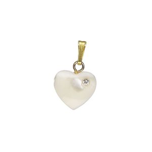 Pendant, mother-of-pearl shell (bleached) / antique silver-finished "pewter" (zinc-based alloy) / glass rhinestone 1pkg1, clear, 12mm single-sided carved heart.