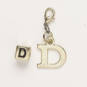 Bead and charm, brass-finished "pewter" (zinc-based alloy) / steel / enamel, black, 7mm cube with alphabet letter "D" and 15x12mm alphabet letter "D" with lobster claw clasp. Sold per pkg of 2.