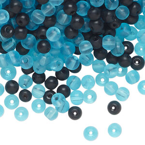 Bead mix 1pkg4oz, glass, translucent aqua blue and opaque black, 4mm round.