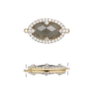 Link, labradorite (natural) / cubic zirconia / gold-finished sterling silver, clear, 18x12mm double-sided faceted oval. Sold individually.