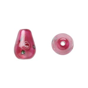 Bead, Czech lampworked glass, opaque pink and green, 12x8mm-13x9mm teardrop with flower design. Sold per pkg of 4.