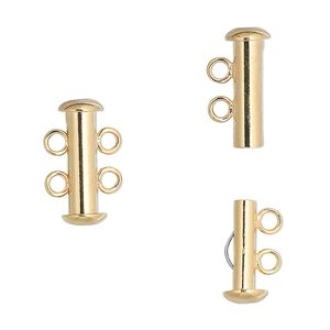 Clasp slide lock 1pkg10 gold-plated, 16x6mm tube, brass 2-strand