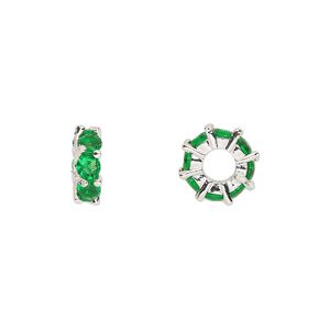 Bead 1pkg2 silver-plated, 10.5x3.5mm rondelle, brass / emerald cubic zirconia