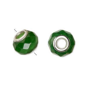 Bead, Dione&reg;, cat's eye glass (fiber optic glass) and silver-plated brass grommets, dark green, 13x10mm-14x10mm faceted rondelle. Sold per pkg of 4.