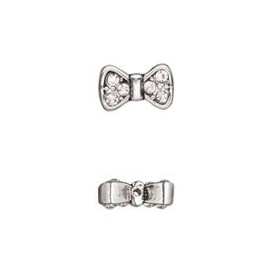 Bead 1pkg2 silver-finished "pewter", 12x7.5mm bow / fits up to 10mm bead, glass rhinestone / clear / antique