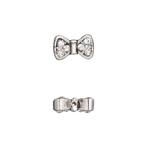 Bead 1pkg2 silver-finished "pewter", 12x7.5mm bow / fits up to 10mm bead, glass rhinestone / clear / antique image number 0