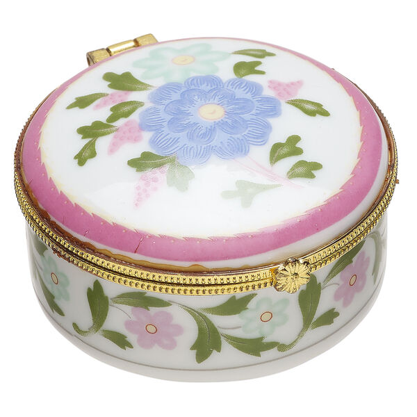 Trinket box 1pkg1, porcelain / gold-finished "pewter" (zinc alloy) / acrylic, white and multicolored, 2-1/2 x 1-1/4 inch hinged round with flower and flower design decals. image number 0