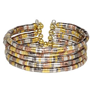 Bracelet, cuff, steel memory wire / gold- / silver- / gunmetal- / antique copper-coated plastic, 28mm wide 5 band, adjustable from 7-1/2 to 8-1/2 inches. Sold individually.