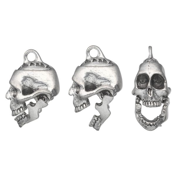 Charm, pewter (tin-based alloy), pkg/1, antiqued, 20x17mm hinged jaw skull. image number 0